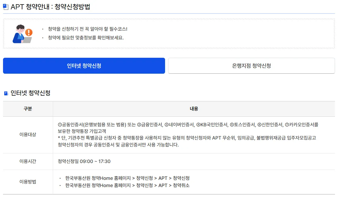 청약홈 청약제도안내 APT 청약신청방법, 인터넷 청약신청 이용대상 인증서 7종과 이용시간 09:00~17:30