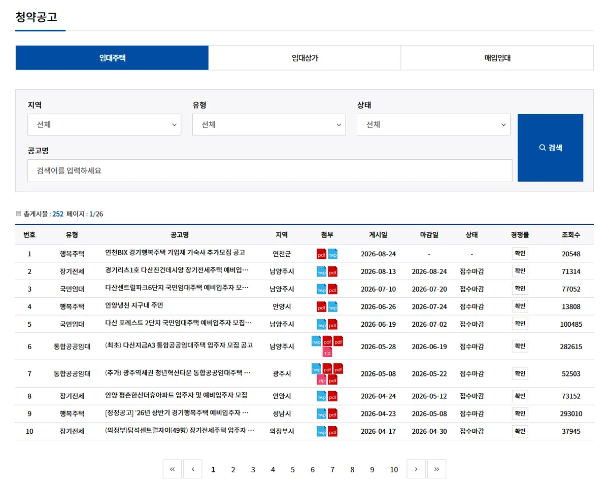GH 청약공고 임대주택 목록