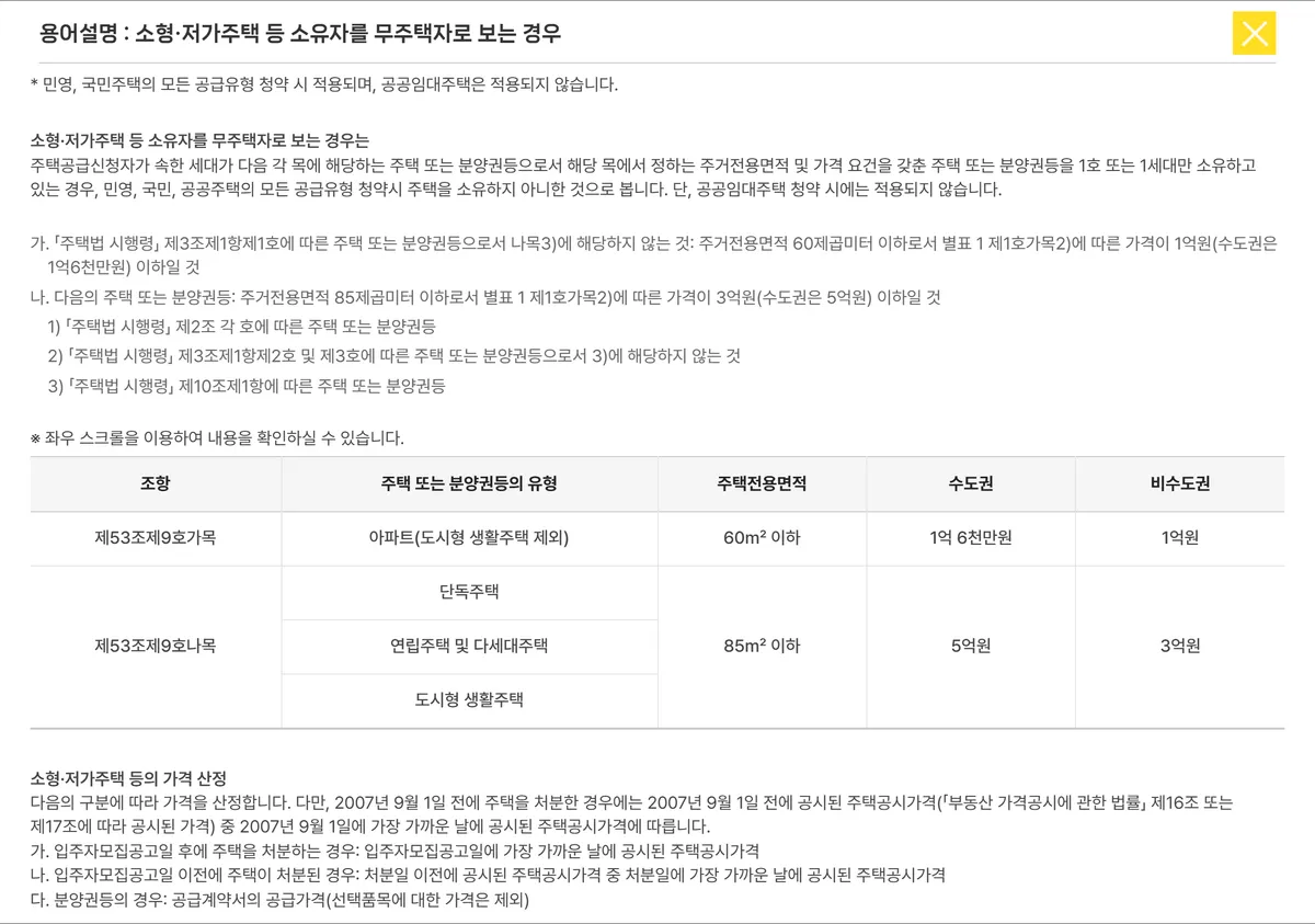 청약홈 용어설명 소형·저가주택 등 소유자를 무주택자로 보는 경우 표