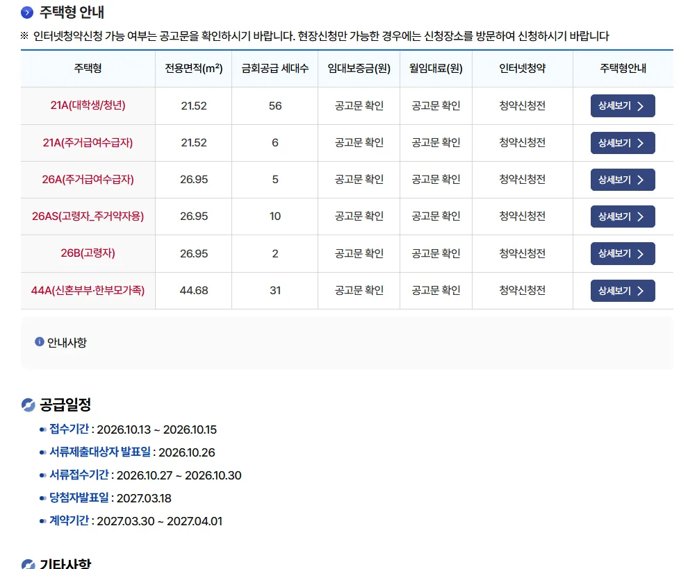 LH 행복주택 공고의 주택형 안내와 공급일정